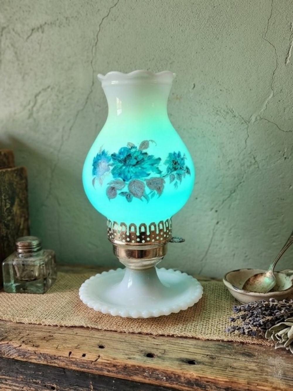 Glass Floral Table Lamp - Blue/Teal Floral Accent